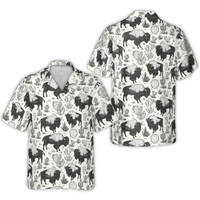 Bison Hawaiian Shirt | Western Desert Cactus Sketch Print | Durable Woven Polyester | Men’s Summer Vacation Button Down Gift