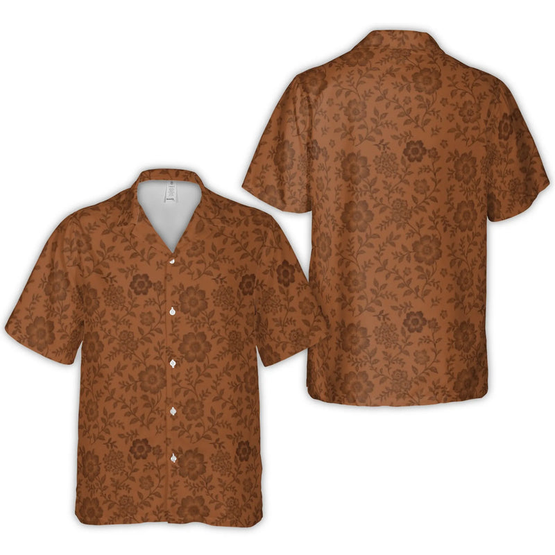 Brown Floral Hawaiian Shirt | Vintage Aesthetic Botanical Print | Lightweight Woven Polyester | Tropical Beach Vacation Gift For Men