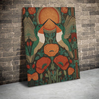 Art Nouveau Canvas Print | Hummingbird And Poppy Botanical Illustration | 1.25 Inch Gallery Wrap Wall Art | Elegant Home Decor Gift For Nature Lovers