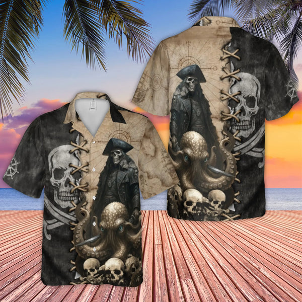 Pirate Captain Hawaiian Shirt | Skeleton Kraken Octopus Graphic | Premium Wrinkle-Resistant Woven Polyester | Unique Gift for