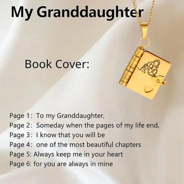 Gold book locket shown beside the six engraved page lines