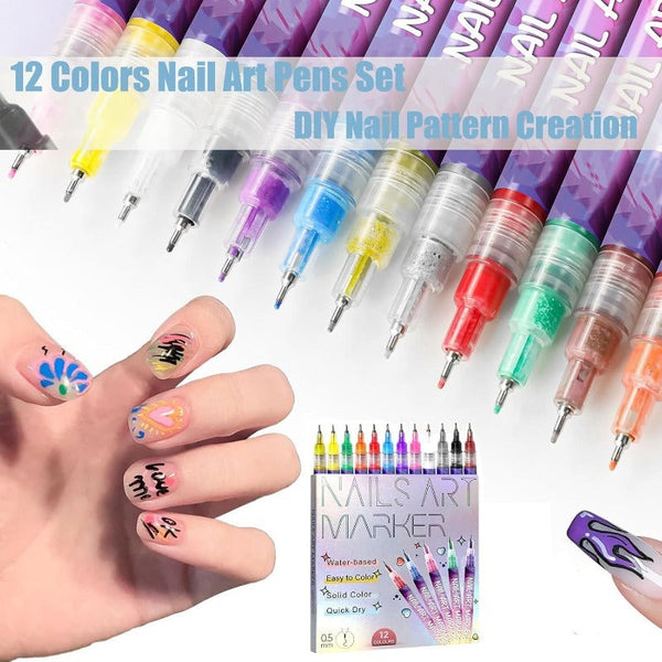 The twelve nail art pens fanned out beside hand-painted nail designs and the gift box