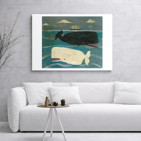 Whale Wall Art Canvas | Folk Art Nautical Ocean Painting | Premium Gallery Wrapped Decor | Coastal Living Room Gift for Sea L