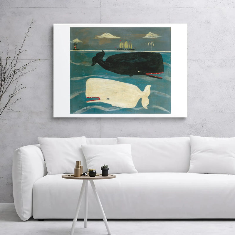 Whale Wall Art Canvas | Folk Art Nautical Ocean Painting | Premium Gallery Wrapped Decor | Coastal Living Room Gift for Sea Life Lovers