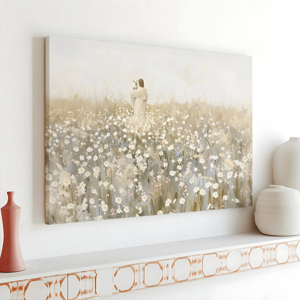 Jesus The Good Shepherd Canvas | Floral Field Wall Art | Premium Gallery Wrap Print | Religious Home Decor Gift
